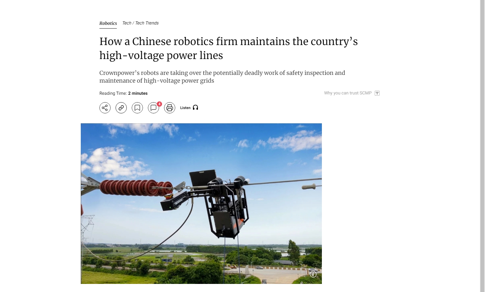 冠能科技帶電作業機器人登報香港主流紙媒“南華早報”